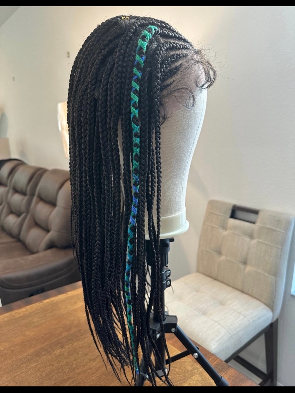 Black Braided Wig with Teal and Blue Accent Strand